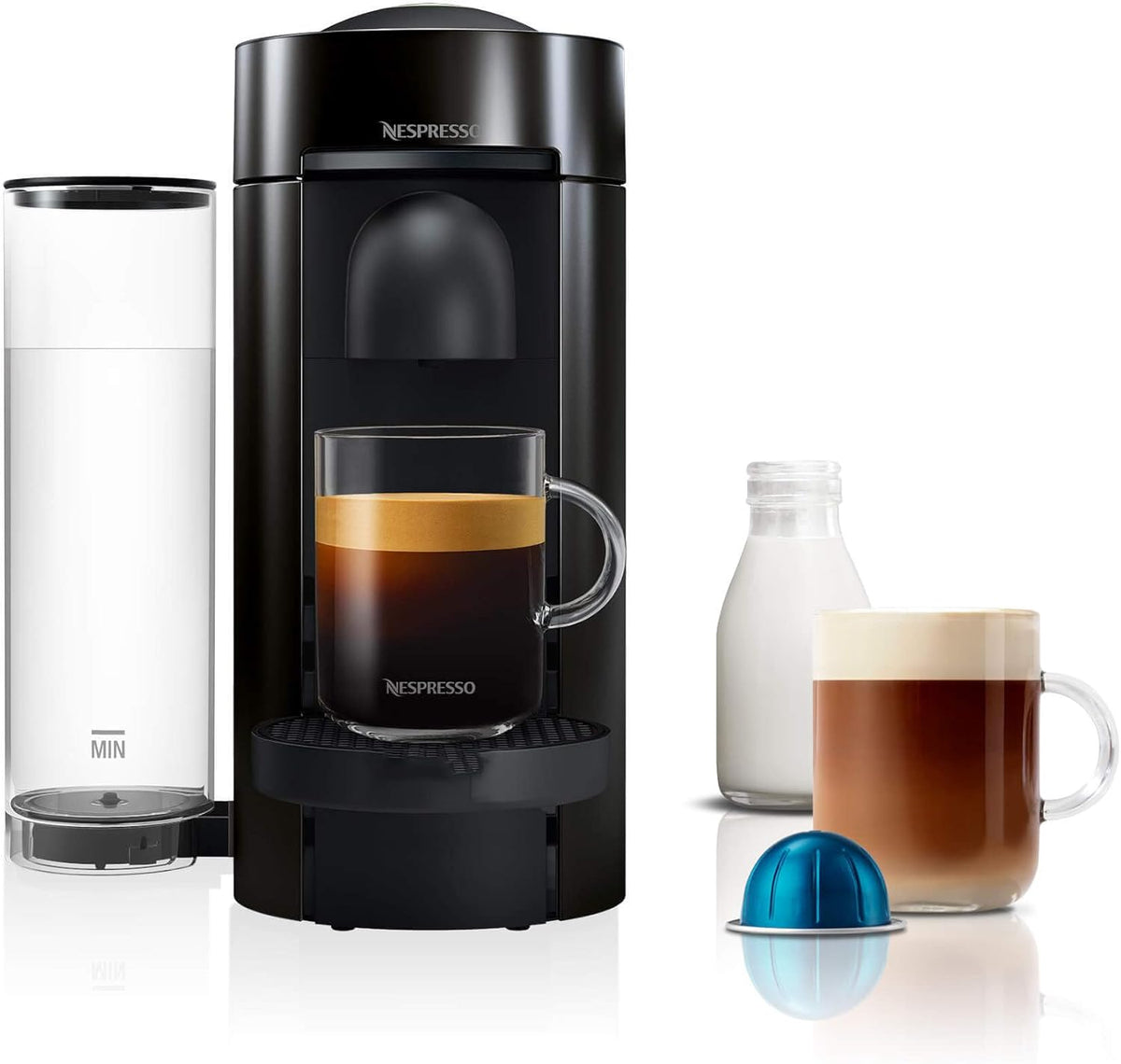 Delonghi Nespresso Vertuo Plus coffee machine in black with clear water tank, two coffee cups, milk bottle, and blue capsule.