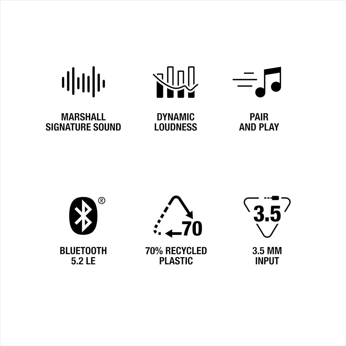 Icons showing Marshall sound, dynamic loudness, pair and play, Bluetooth 5.2 LE, 70% recycled plastic, and 3.5mm input