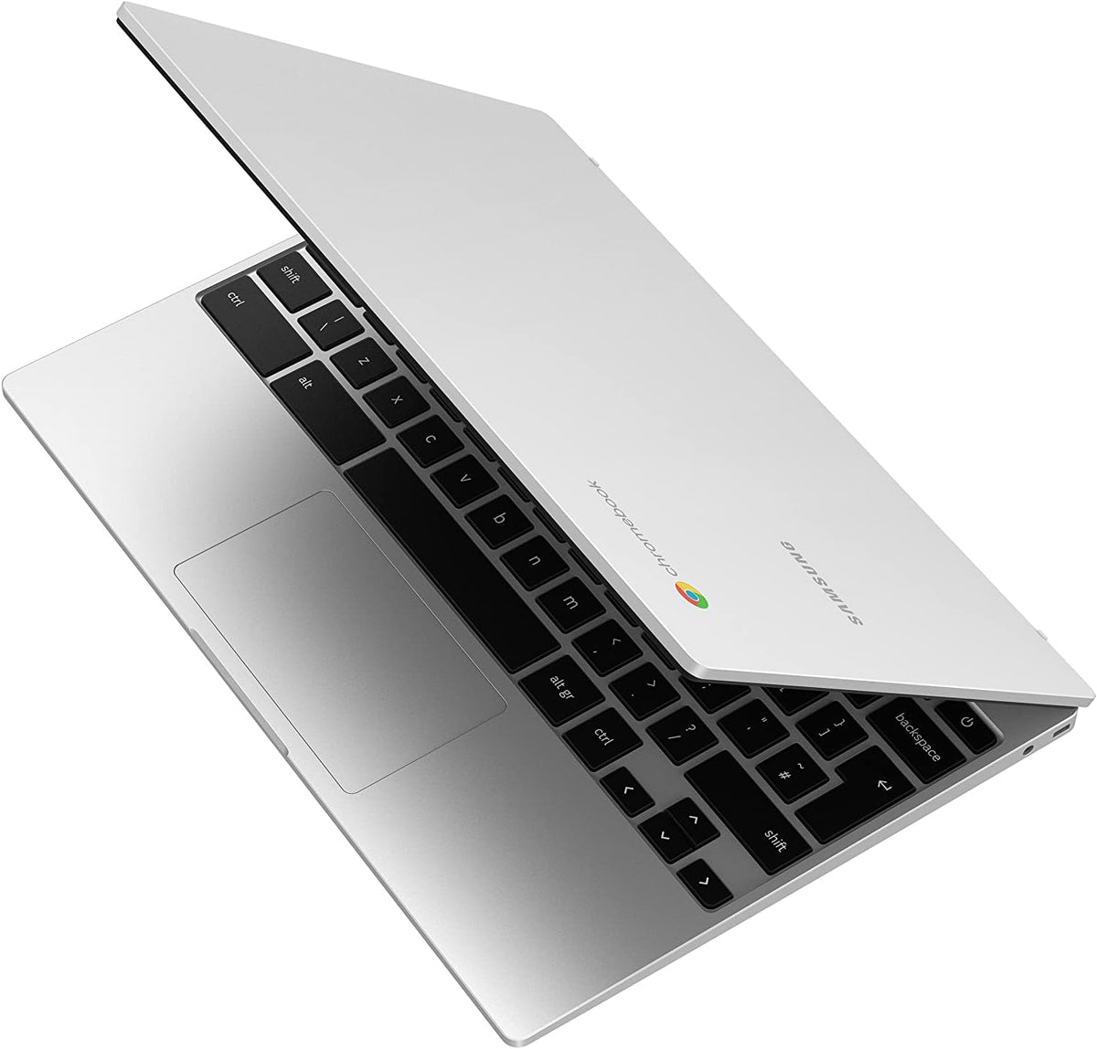 Samsung Chromebook Go 11.6 inch silver laptop partially open showing keyboard and top cover with logo.