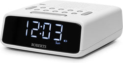 Roberts FM Alarm Clock Radio in White, compact design with clear display, available at Keans Claremorris
