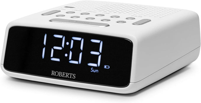 Roberts FM Alarm Clock Radio in White, compact design with clear display, available at Keans Claremorris