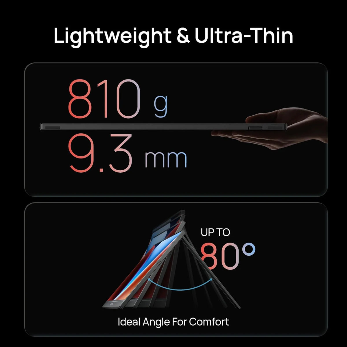 Hand holding the ultra-thin Aozopa Z1FC 16.1" portable monitor, showing 9.3mm thickness and 810g weight.
