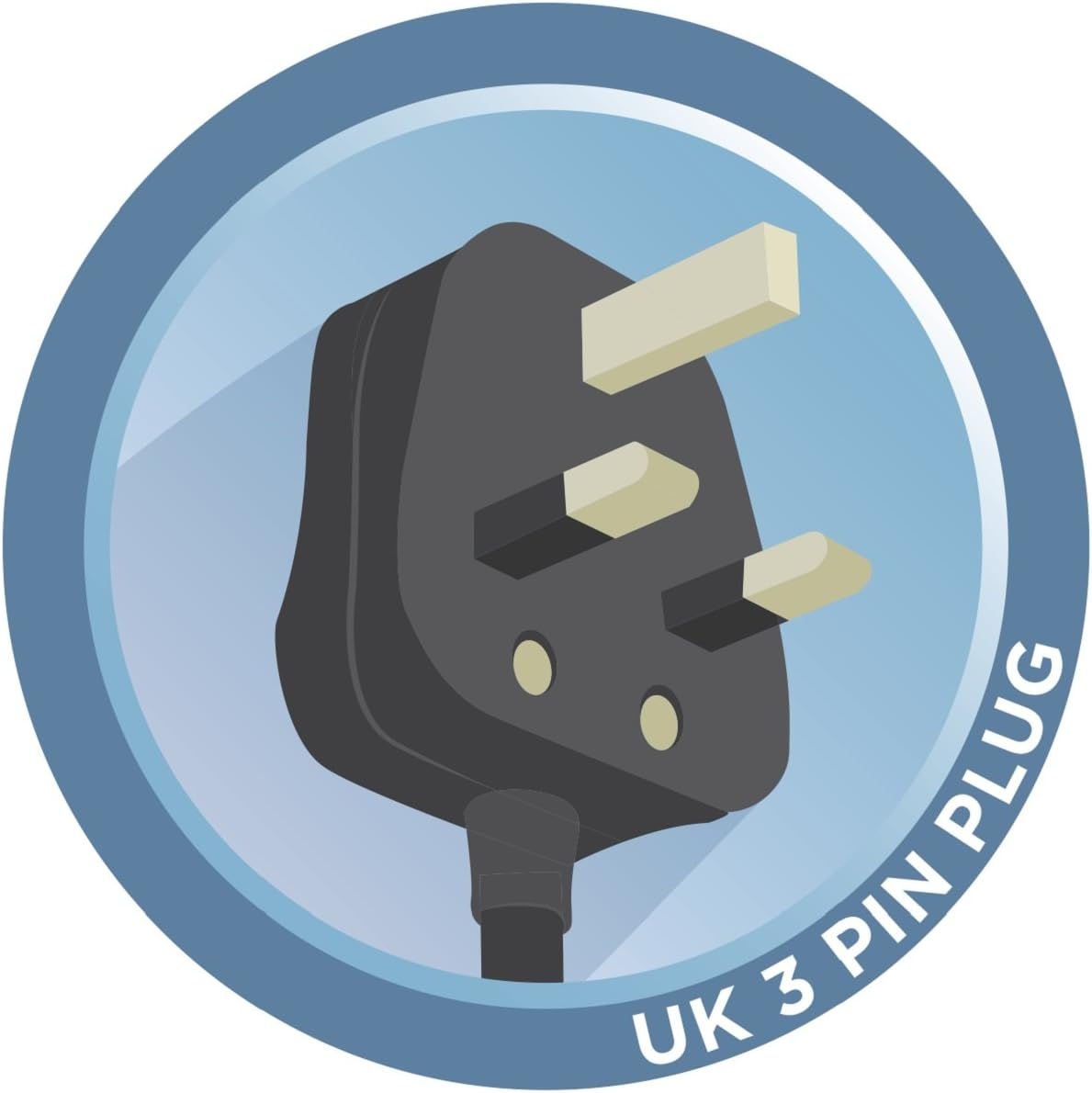 UK 3 pin plug illustration on a blue circular background for Russell Hobbs Chester Coffee Maker