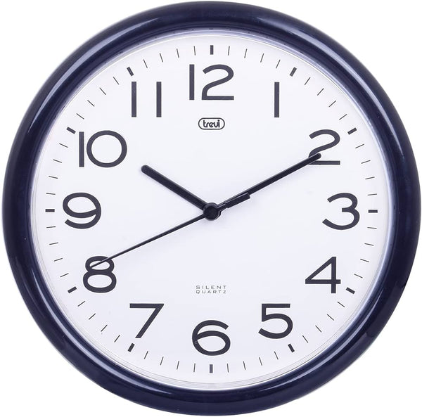 Trevi 24cm black wall clock with silent quartz sweep movement, white dial, large numbers – Keans Claremorris.