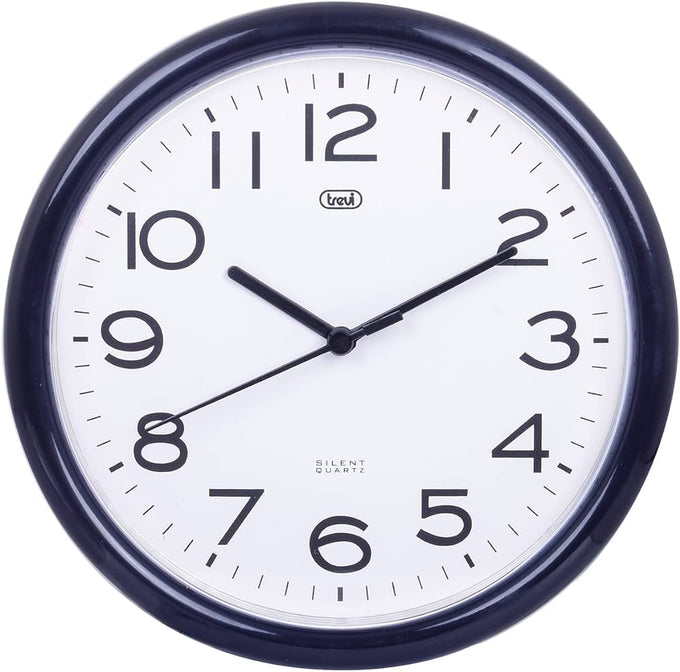 Trevi 24cm black wall clock with silent quartz sweep movement, white dial, large numbers – Keans Claremorris.