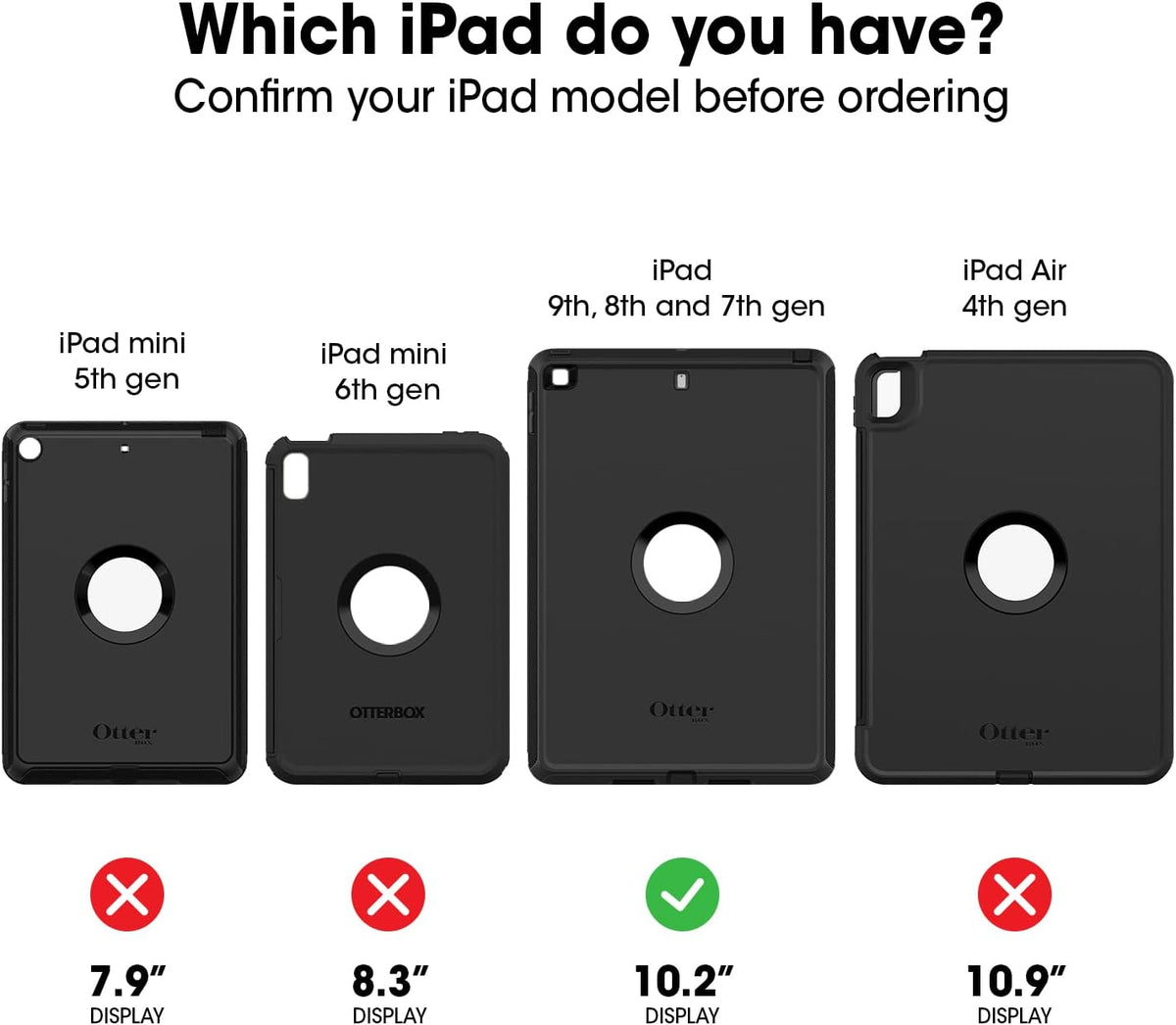 Black OtterBox Defender cases for different iPad models with size and compatibility guide.