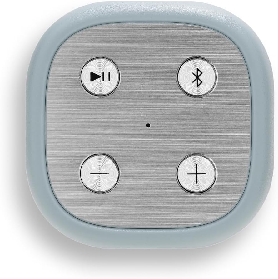 Top view of Roberts REUNIONDE duck egg Bluetooth speaker control panel with play, Bluetooth, volume buttons.