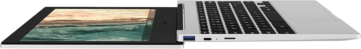 Samsung Chromebook Go 11.6 inch in silver, laying flat with screen fully opened to 180 degrees, side view showing ports and