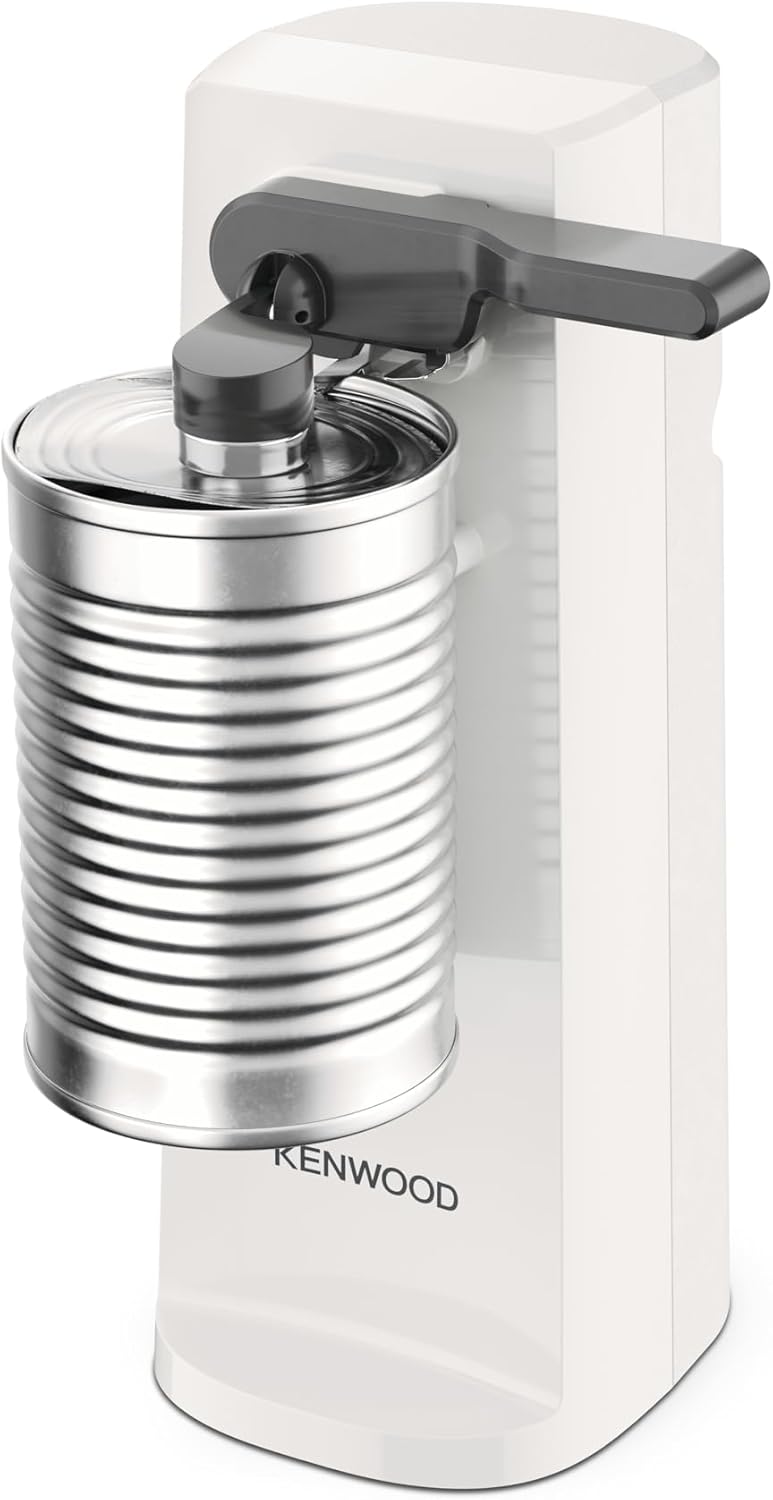 Kenwood electronic can opener in white with a silver can attached, shown from a front angle.