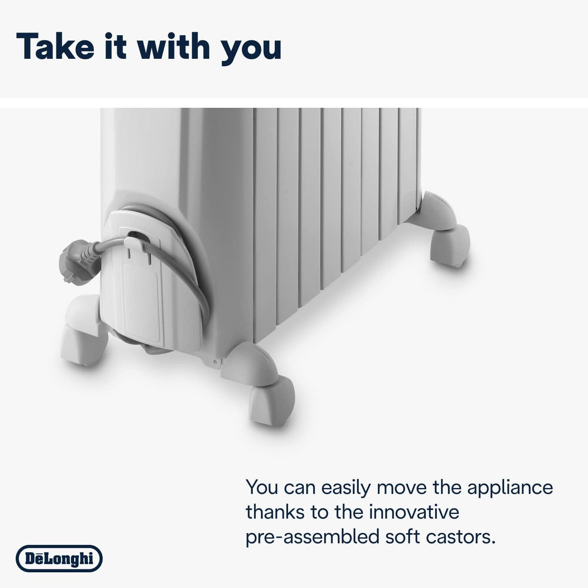Close-up of DeLonghi 2kw oil filled radiator corner showing cord storage and soft castor wheels.