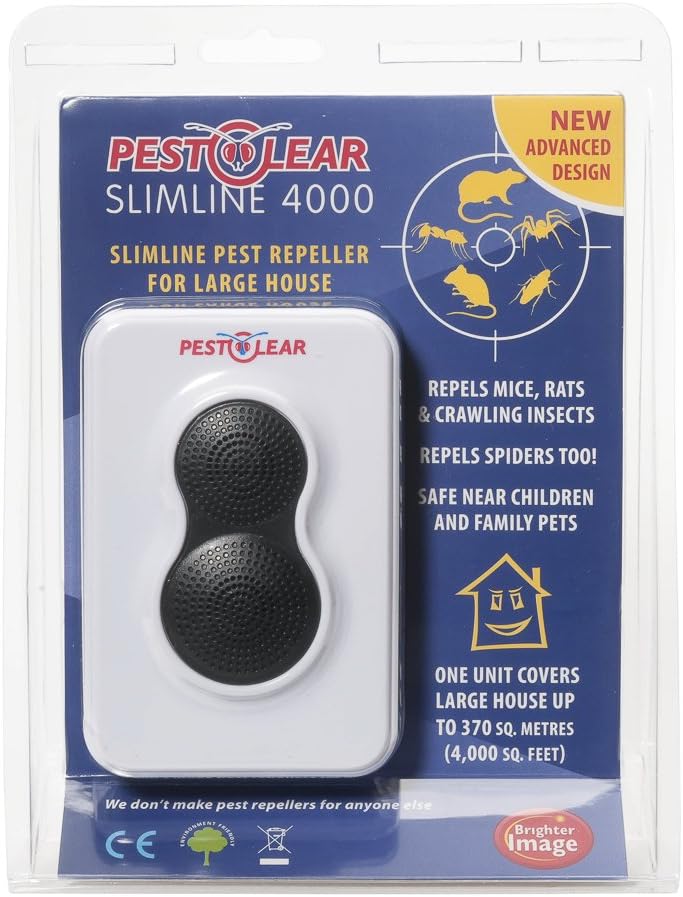 Pestclear Slimline 4000 pest repeller in packaging with product details and icons on blue background