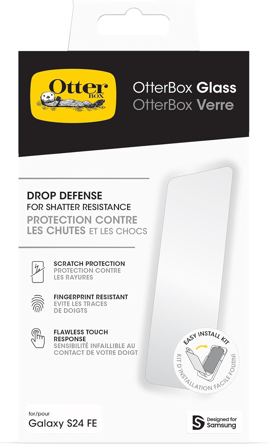 OtterBox Glass Screen Protector packaging for Samsung Galaxy S24 FE with drop defense and easy install kit icons.