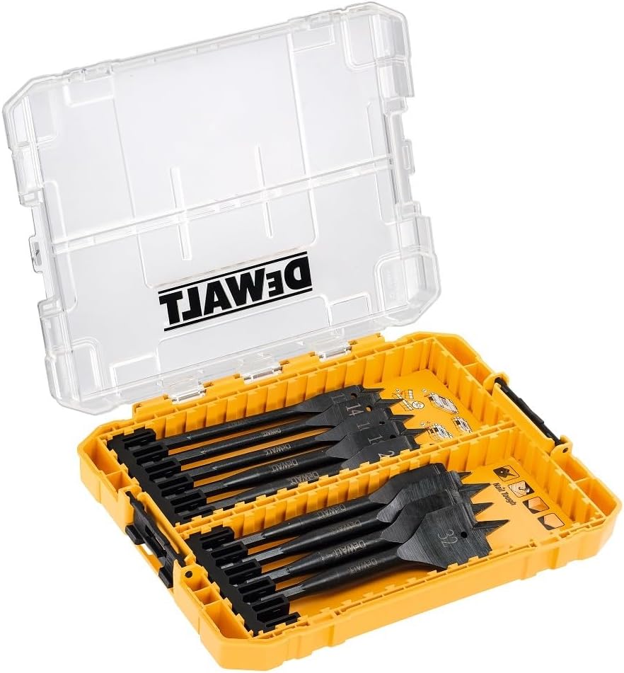 DeWalt DT70751 9-piece flat wood drill bit set in yellow ToughCase with clear lid open showing bits.