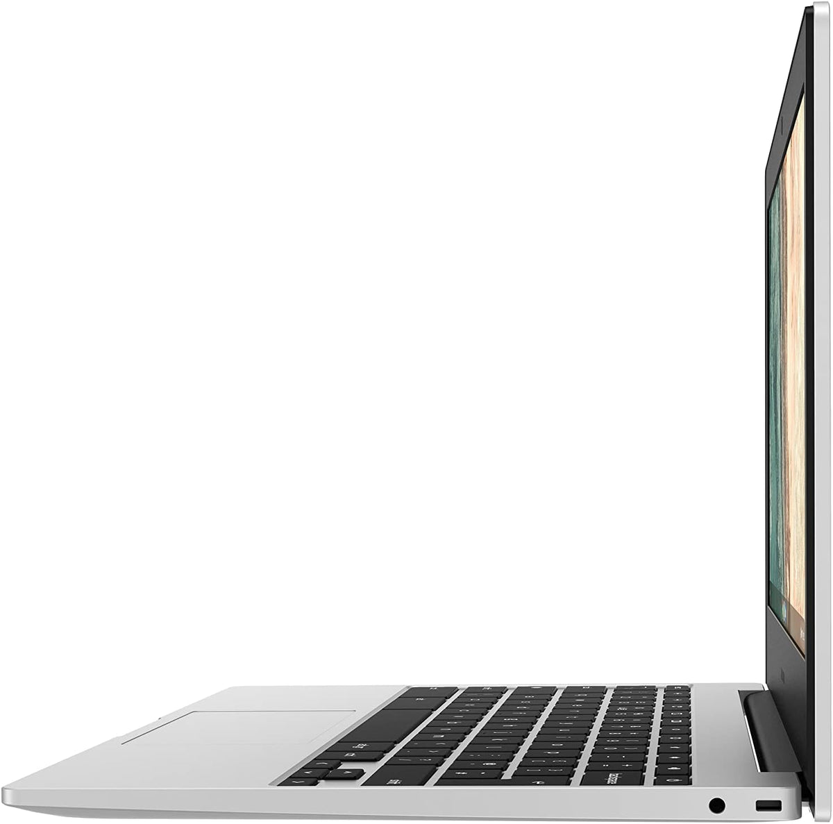 Samsung Chromebook Go 11.6 inch silver laptop shown from left side with keyboard and screen visible