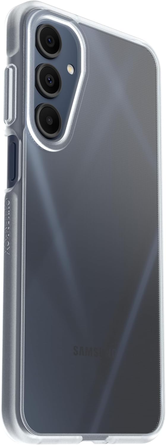 Clear Otterbox React case on Samsung Galaxy A16 showing rear camera and side buttons.