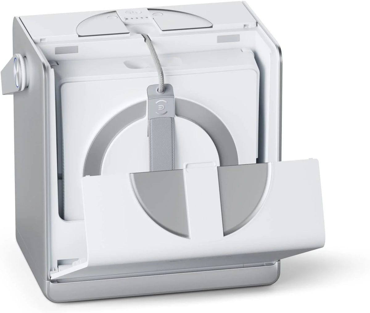 Ecovacs Winbot W2S Omni Eu window cleaning robot in its white charging and storage dock with front flap open.