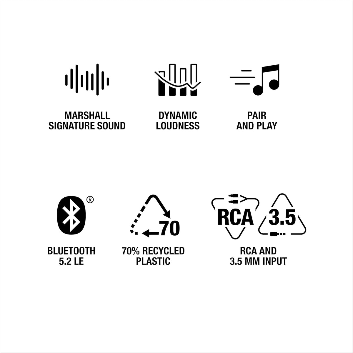 Icons showing Marshall Stanmore III Bluetooth speaker features like Bluetooth 5.2, recycled plastic, and RCA/3.5mm input.