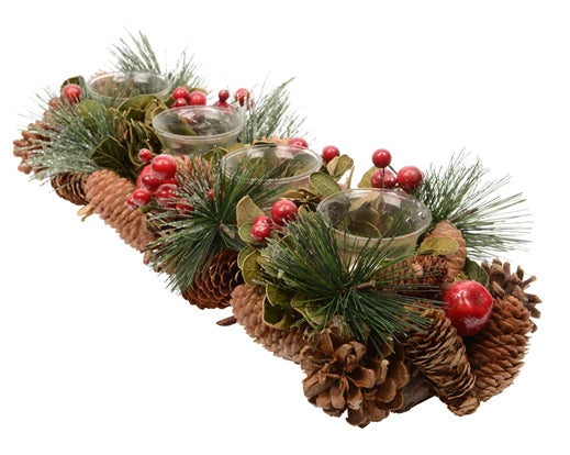 Tealight Holder – Pinecone & Berries Design – Rectangular – Green/Red 47cm
