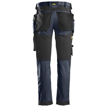Back view of Snickers All Around Stretch Trousers in navy with reinforced black knee and pocket panels.