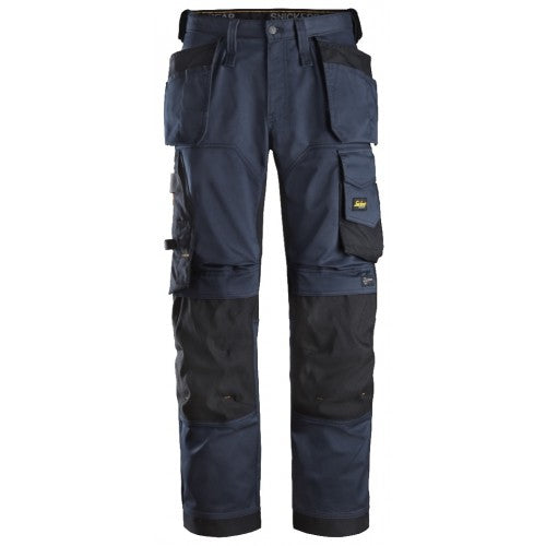 Snickers 6251 navy and black stretch loose fit work trousers with reinforced knees and multiple holster pockets.
