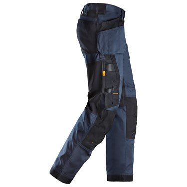 Right side view of Snickers 6251 navy and black stretch loose fit work trousers with holster pockets.
