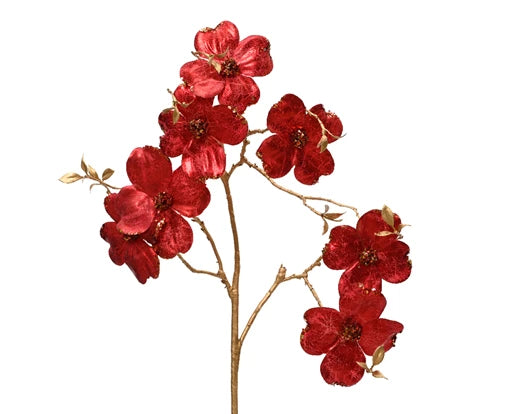 Dogwood Flower Spray – Red Polyester with Gold Stem H.90cm - Image 1