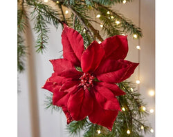 Red poinsettia flower on clip with glitter, 24cm size – festive decor by Keans Claremorris