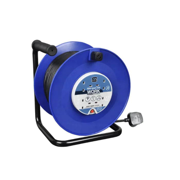 Blue 4-socket heavy-duty open reel extension lead with 50m black cable and black metal frame stand.
