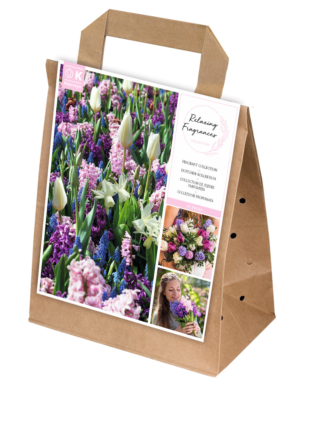 Brown paper bag with handle featuring images of pink, purple, blue, and white spring flowers and product details.