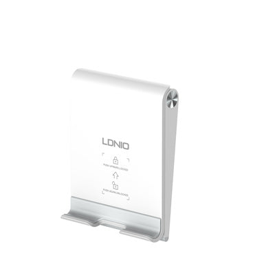 Ldnio foldable phone and tablet stand in white, shown upright with locking mechanism visible.