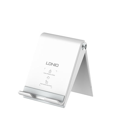 Ldnio foldable phone and tablet stand in white, shown upright with locking mechanism visible.