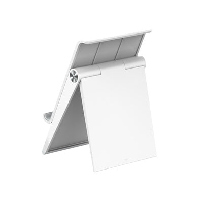 Ldnio foldable phone and tablet stand in white, shown from a rear angled view with hinges visible.