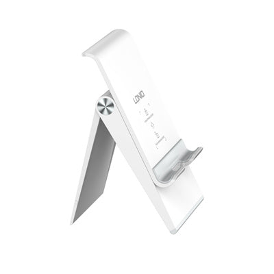 White Ldnio foldable phone and tablet stand angled upright on a white background.