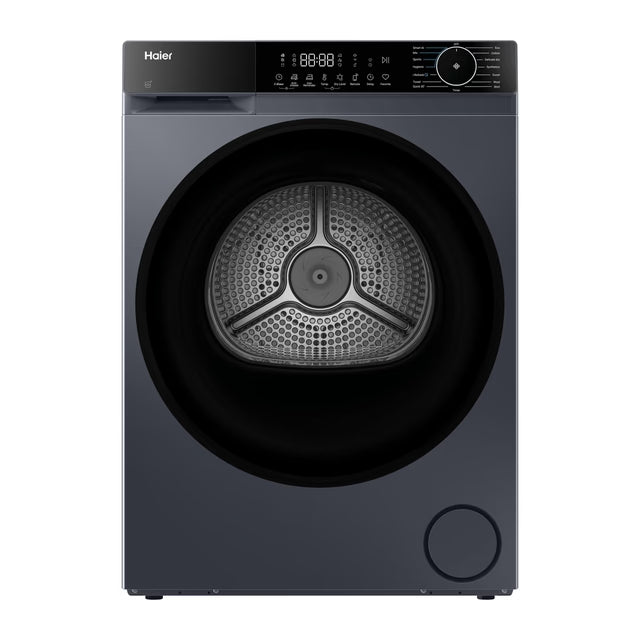 Haier 9kg Heatpump Tumble Dryer in graphite with digital display and control dial, front view showing drum interior.