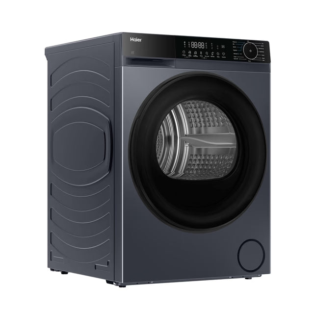 Haier 9kg graphite heatpump tumble dryer with digital display and front-loading door angled left.
