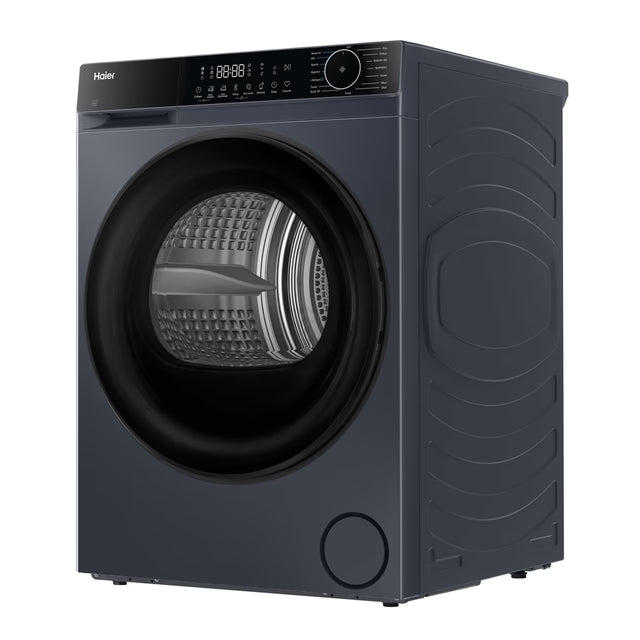 Haier 9kg graphite heatpump tumble dryer with digital display and control dial, angled view.