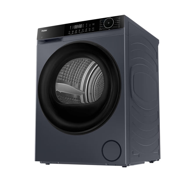 Haier 9kg graphite heatpump tumble dryer with digital display and front-loading door, angled view.