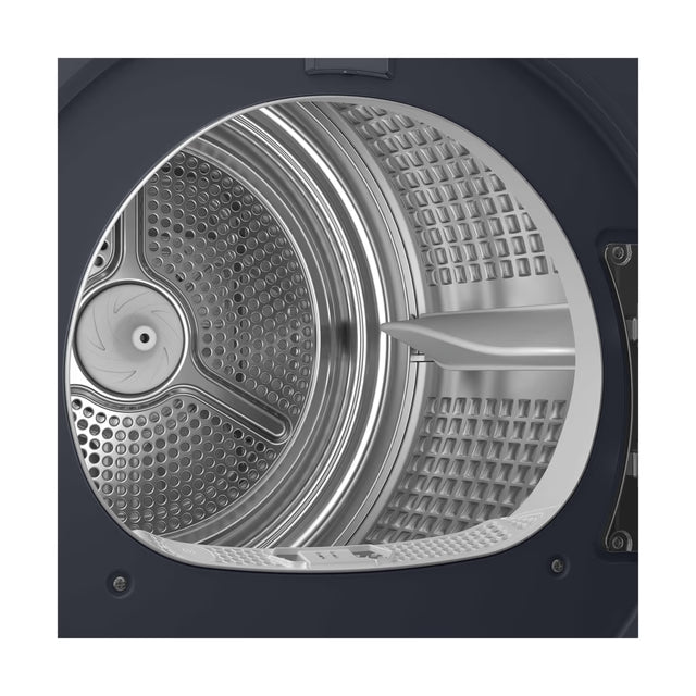 Close-up of the stainless steel drum interior of the HAIER 9kg Heatpump Tumble Dryer in graphite.