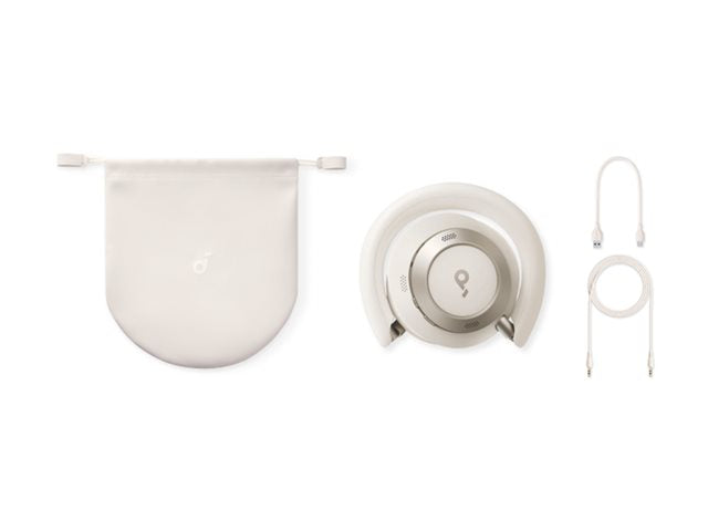 Soundcore Space One Pro white headphones folded with carrying pouch and two white cables on white background.