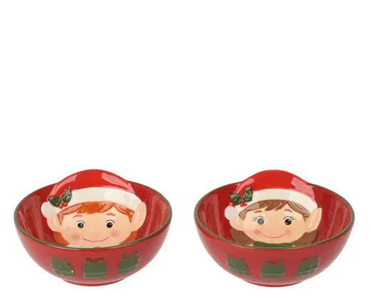 Two small red Christmas bowls with illustrated elf faces wearing Santa hats, shown on a plain white background.
