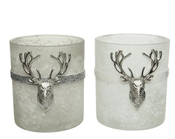 Glass & Metal Tealight Holder – Deer Ornament with Glitter Ribbon d9cm x h10cm