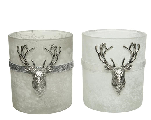 Glass & Metal Tealight Holder – Deer Ornament with Glitter Ribbon d9cm x h10cm