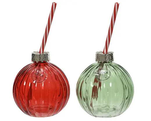Drinking Jar GLASS Transparent Spray, Red/White Straw,  D.9.7cm - Image 1