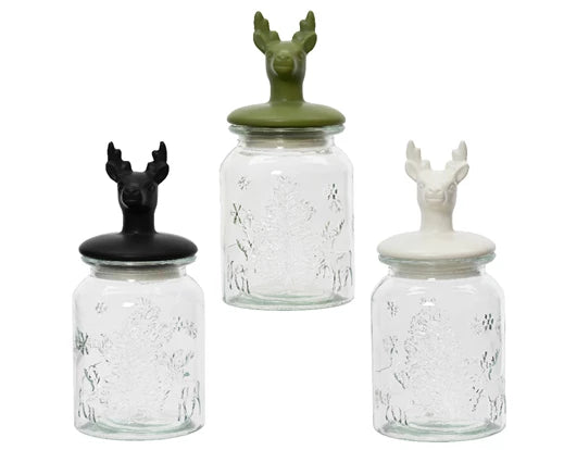 Storage Jar – Glass with Ceramic Reindeer Lid 3 Ass SOLD SINGLY - Image 1