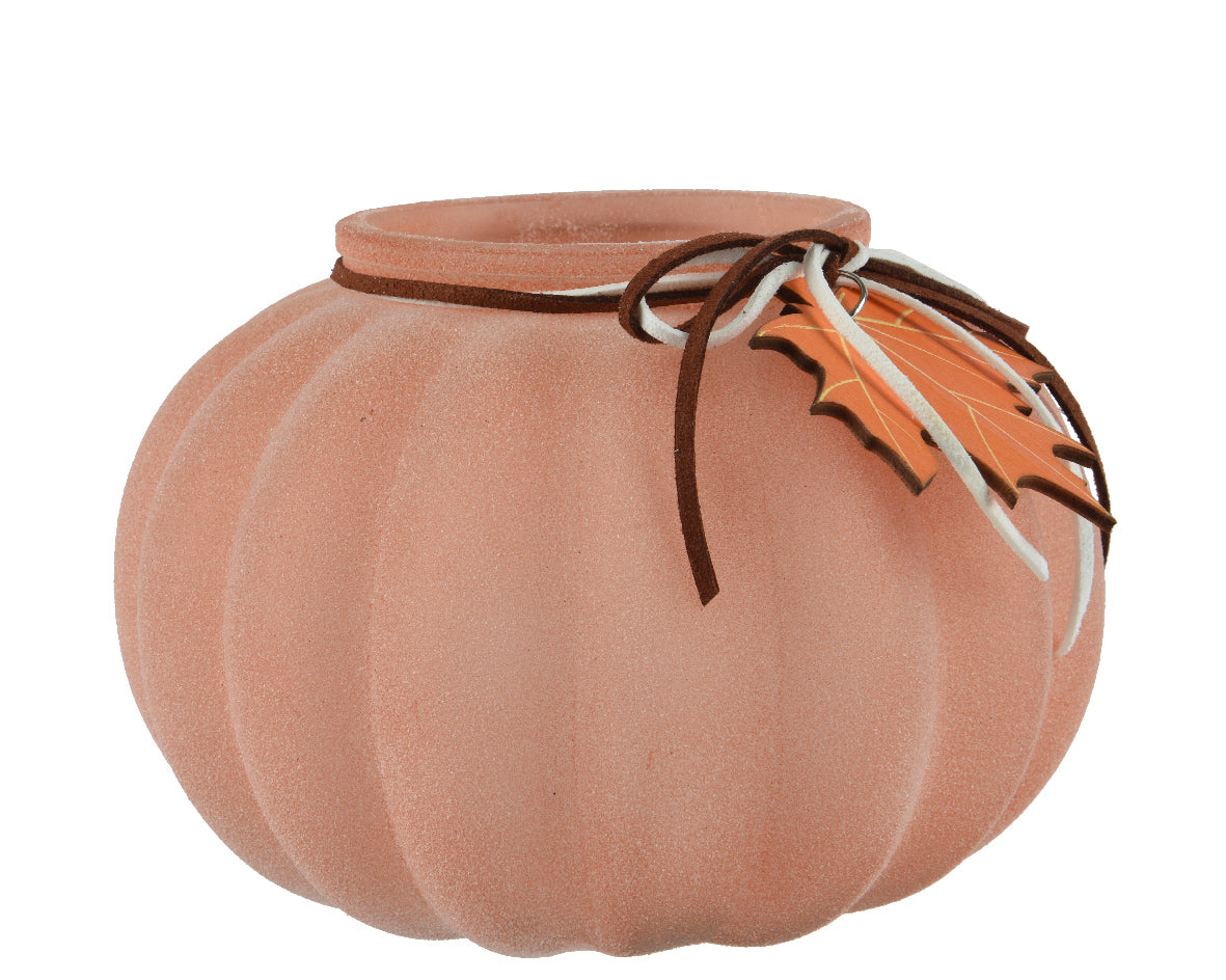 Spiced Pumpkin Hurricane glass candle holder with ribbon and maple leaf, 15.8cm diameter, 11cm height – Keans Claremorris