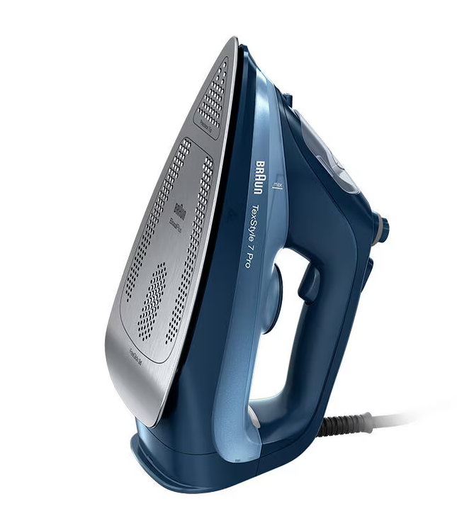 Braun Steam Generator Iron SI7160BL in blue, angled view showing soleplate and handle details