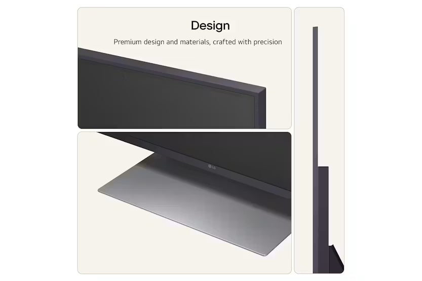 Close-up views of the LG Mini RGB Evo AI 65" 4K Smart TV showing its slim bezel, sleek stand, and thin profile.