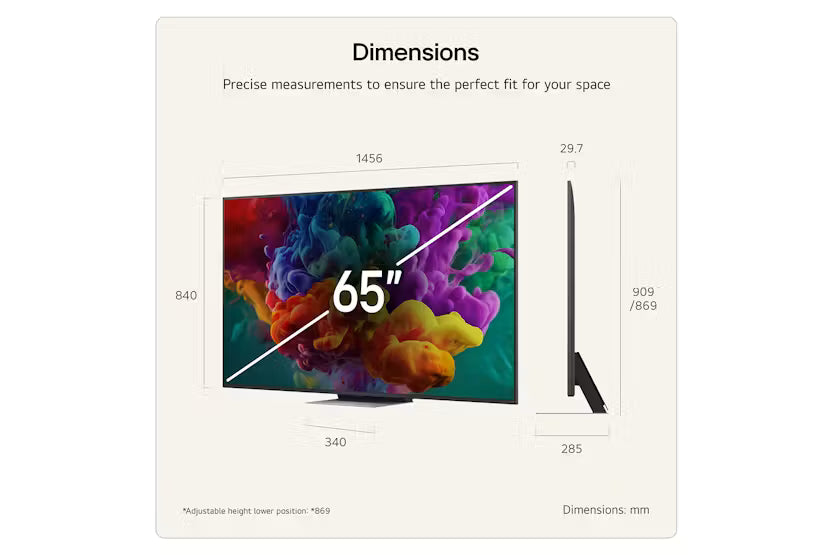 LG 65'' QNED Evo MiniLed AI QNED86 4K Smart TV shown from front and side with dimensions in millimeters.