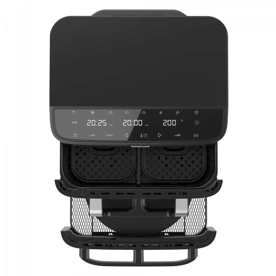 Cecotec FoodCourt Air Fryer and Pizza Oven with dual baskets and digital control panel showing timer and temperature.