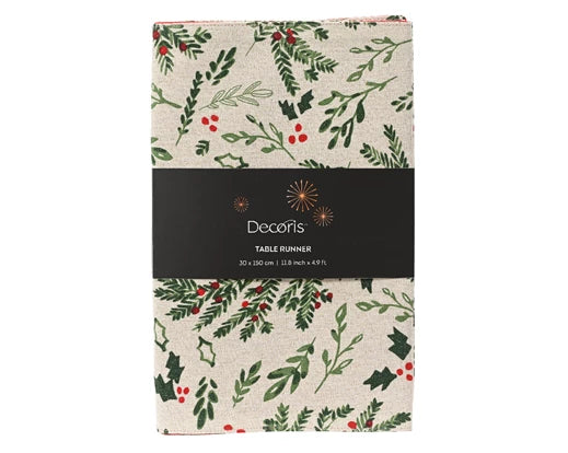 Rectangular Cotton Table Runner – Mistletoe & Holly Leaf Pattern – White/Green – 150cm x 30cm - Image 1